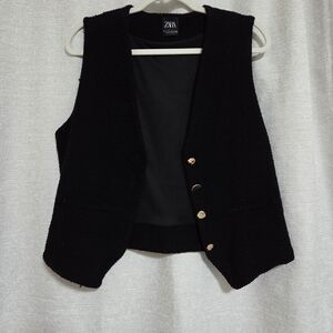 Zara Black Bouclé Trim Sleeveless Vest with Gold Accents